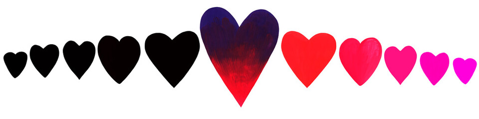 Collection of hearts of different colors, shapes and sizes. One heart with a gradient from dark blue to red. Drawn in gouache by hand. Suitable for decoration of postcards, prints on textiles, banners