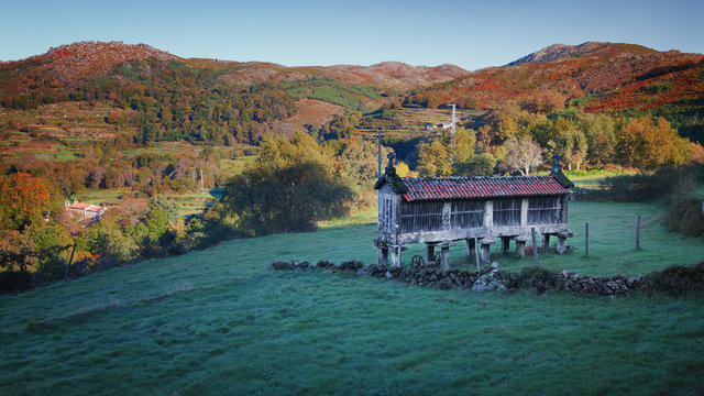 Barn in Brufe rural village, in autumnal landscape, Peneda Geres National Park, Portugal