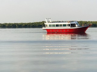 A wooden boat surfing on the beautfiul river