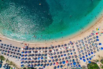 Aerial drone bird's eye view of Sarakiniko Beach with turquoise sea in Parga area, Ionian sea, Epirus, Greece