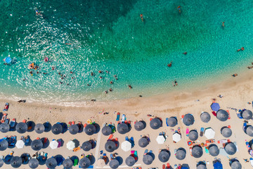 Aerial drone bird's eye view of Sarakiniko Beach with turquoise sea in Parga area, Ionian sea, Epirus, Greece