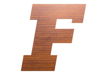 Letter F with wooden texture on white background.