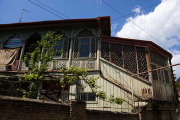 Traditional houses with wooden carved balconies in the Old Town of Tbilisi, Georgia