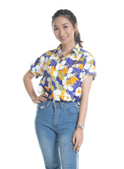 Obraz premium Happy cute smiling beautiful young Thai Asian Looking camera showing copy space pointing something she wears Cloth flowers color happy in Thai ceremony Isolated on white background , success concept