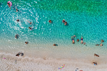 Aerial view of Sarakiniko Beach with turquoise sea in Parga area, Ionian sea, Epirus, Greece