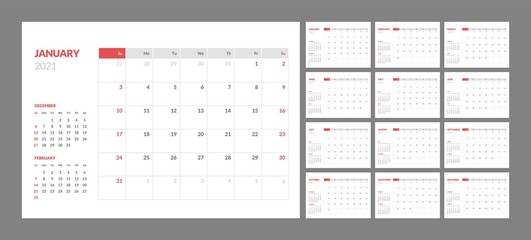 Wall calendar for 2021 year in clean minimal style. Corporate design planner template. Week Starts on Sunday. Set of 12 Months. Ready for print.