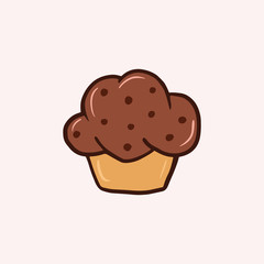 Chocolate muffin. Vector color sketch in cartoon style. Illustration of cupcake in doodle style.