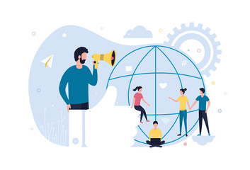 Concept blogger influencer social network. Man with a megaphone, storytelling. Online communication, followers, likes, promotion of goods and services via the Internet. Flat vector illustration