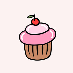 Cupcake with cream and cherry. Vector color sketch in cartoon style. Illustration of cupcake in doodle style.