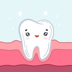 Happy tooth in the gums. Vector illustration in cartoon style. Cute character.