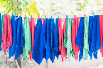 microfiber clothes hanging out to dry, closeup look at fiber structure,for cleaning the car with micro fiber cloth in car care station