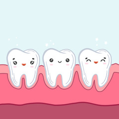 Teeth in the gums. Vector color illustration in cartoon style. Kawaii character. Children's dentistry.