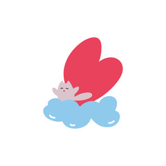 Cat with heart on the blue cloud. Valentines day greeting card. Vector illustration EPS 10.