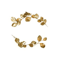 Gold eucalyptus leaves frame isolated on white  background top view, flat lay. Greetings floral minimal card.