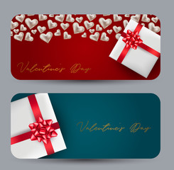 Valentines Day banner or card set with 3d hearts and gift box. Love design concept. Romantic voucher or sale offer promo. Vector illustration.