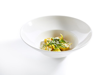 Tortellini with Cep Mushrooms and Pesto Sauce Isolated