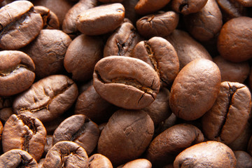 Coffee beans background / Coffee beans to grind / Roasted coffee, brown seeds close-up. Hot caffeine drinks
