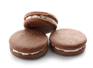 Tasty chocolate cookies on white background