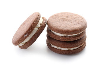 Tasty chocolate cookies on white background