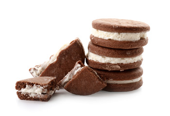 Tasty chocolate cookies on white background
