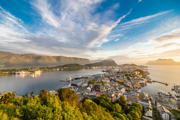 Sunset over Alesund city from Aksla viewpoint, Norway