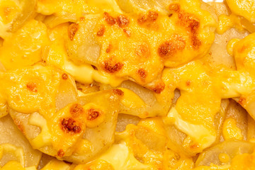 Potato Rosti, with cheese, close-up. Abstract background of potatoes and cheese. Vegetable growth, potato pancakes with fried potatoes and cheese.
