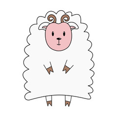 Cute little sheep. Color vector illustration. The element is isolated on a white background. A ram with horns stands and smiles. A simple picture for the design of children's clothing, posters, cards.