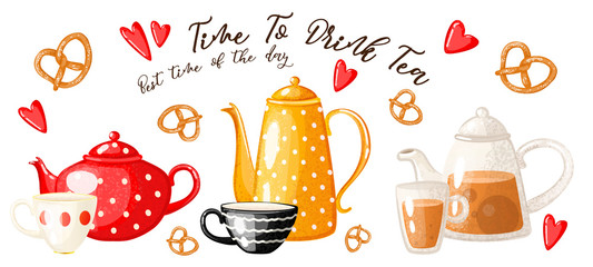 Cute set teapots and cups with pretzels and little hearts on a white background. Сartoon style. Vector illustration.