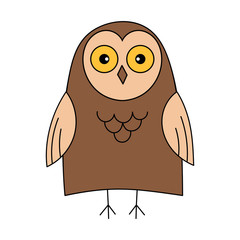 Cute owl. Color vector illustration. The object is isolated on a white background. Forest bird, predator stands and smiles.