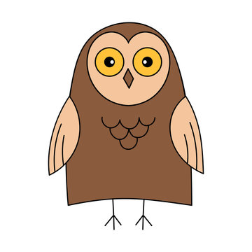 Cute owl. Color vector illustration. The object is isolated on a white background. Forest bird, predator stands and smiles.