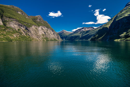 Landscape views inside the Geiranger fjord taken by the ferry hellesylt geiranger
