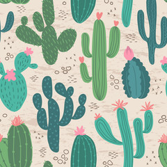Hand drawn cactus seamless pattern on a sand texture background. Cute colorful cacti with flowers.