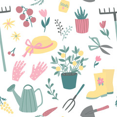 Cute gardening items and tools  vector seamless pattern.Perfect for printing fabric or paper © Ana Zhulina