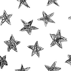 Hand drawn seamless pattern with black stars on a white background. Textures made like children drawing. Can be used as print for fabrics, posters, invitations, cards.