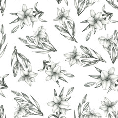 Lily flowers pattern. Seamless pattern with pencil drawn lily flowers on white background. Botanical illustration. Autumn flowers background. Hand drawn floral background. 