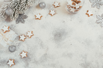 Star shape cookies and Christmas decorations on white background