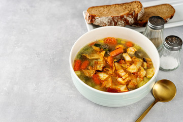 CLose up of healthy cabbiage soup on light background