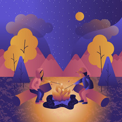 Illustrated Night Scene Outdoors Surrounded by Mountains, Stars and a Campfire Roasting Marshmallows