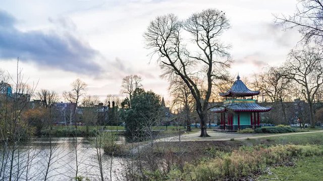 Timelapse of Victoria Park with chinese pagoda in London