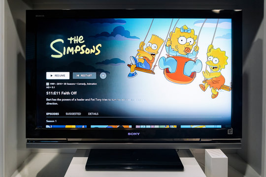 St. Louis, Missouri, USA - January 11, 2020: Smart TV Streaming Simpsons TV Series