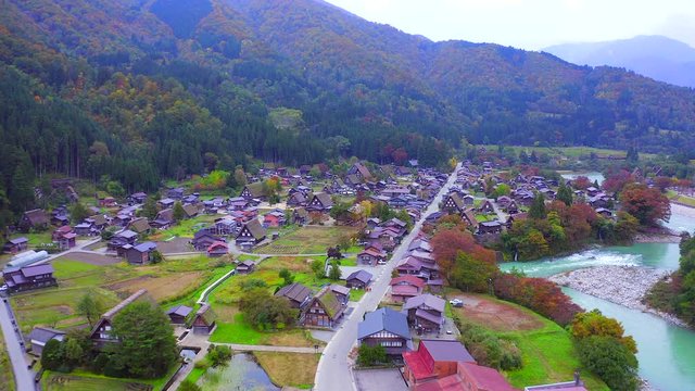 Aerial view  The traditionally thatched houses in Shirakawa-go where is the mountain  near Gifu, Ishikawa, and Toyama prefecture in Japan