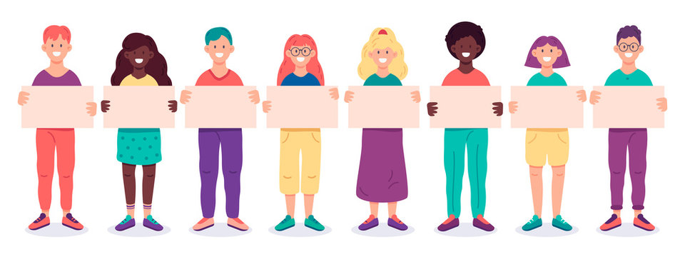 Group of young people holding empty banners. Smiling male and female characters demonstrating empty placards isolated vector illustration set