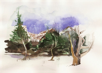 Watercolor of Winter Landscape.