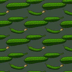 Seamless background with green cucumbers on cozy dark background. Endless pattern for your design. Vector.