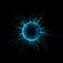 3d render of dark sphere with colorful particles are being emitted from. Fast technology concept. Speed of information transferring. 5G.