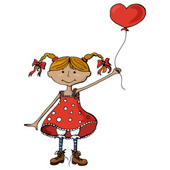 Hand Drawn Color vector girl with heart balloon