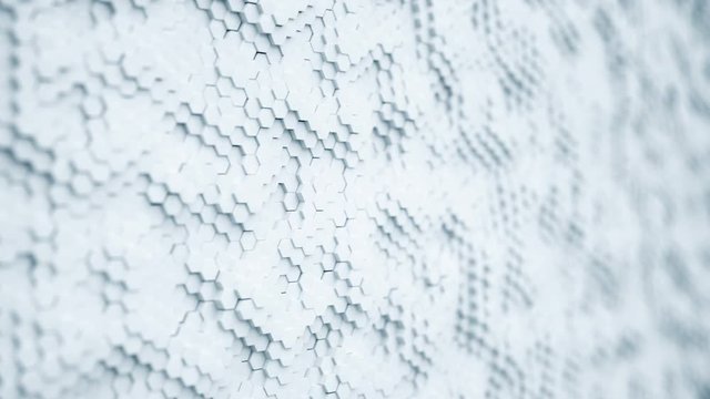 Abstract white minimalistic background made of plastic hexagons with shallow depth of field. Light minimal hexagonal grid pattern animation in modern clean white. Seamless loop 3d render