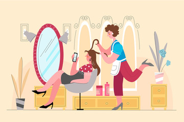 Hairdressing salon flat vector illustration. Beauty studio. Stylist doing haircut. Hair treatment appointment. Feminine luxury lifestyle. Female cartoon characters on peach background