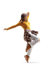 Young woman in casual trendy clothes dancing