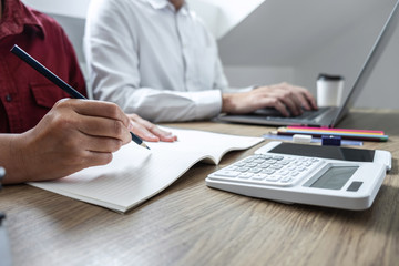 Tutor books with friends education, Group students studying and teaching helping and study course with books in library for learning tutoring homework a test or exam